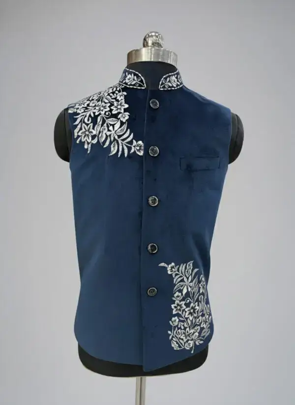 Navy Blue Velvet Floral Embroidered Bandi Waistcoat