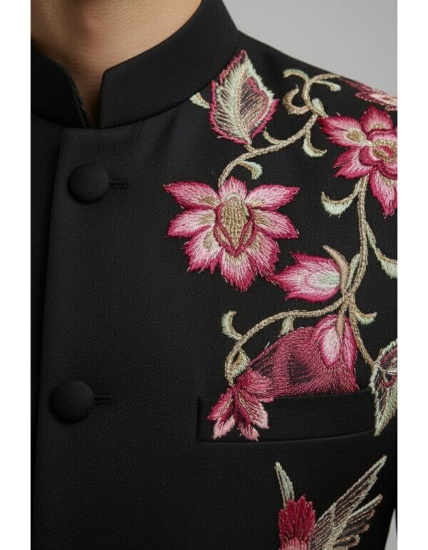 Untitled design1.0 Black Floral and Bird Embroidered Bandhgala