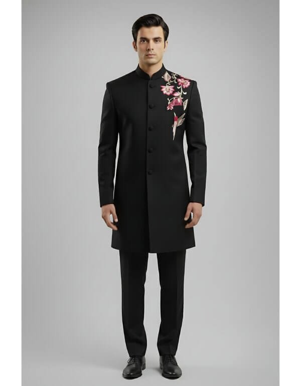 Untitled design6 Black Floral and Bird Embroidered Bandhgala