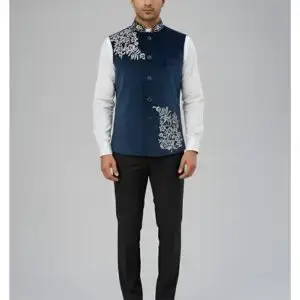 Navy Blue Velvet Floral Embroidered Bandi Waistcoat
