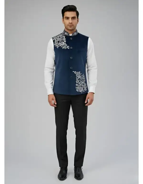 Navy Blue Velvet Floral Embroidered Bandi Waistcoat