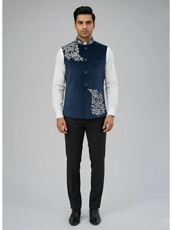 Navy Blue Velvet Floral Embroidered Bandi Waistcoat