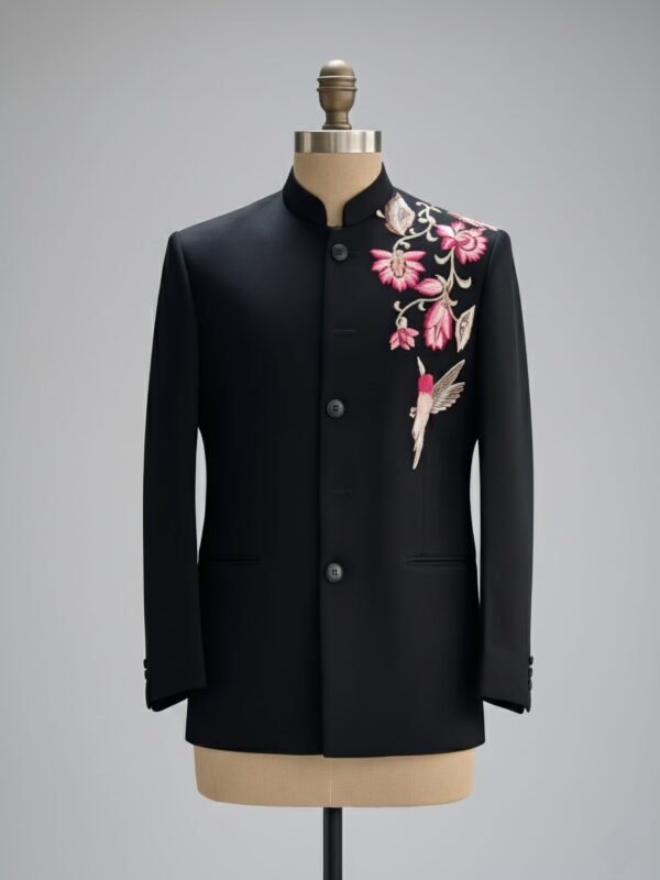 Black Floral and Bird Embroidered Bandhgala