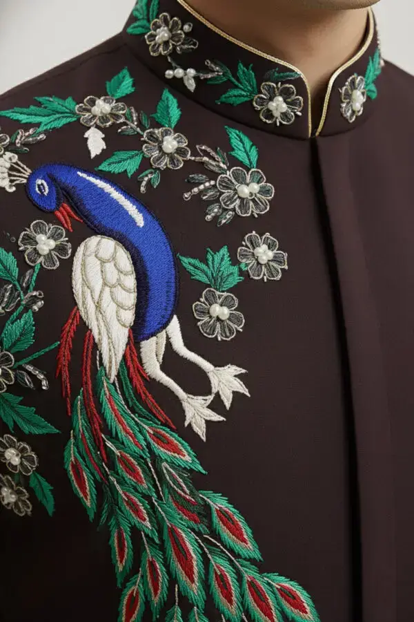 Men's Luxurious Brown Nehru Jacket | Embroidered Peacock Design | Ethnic Waistcoat
