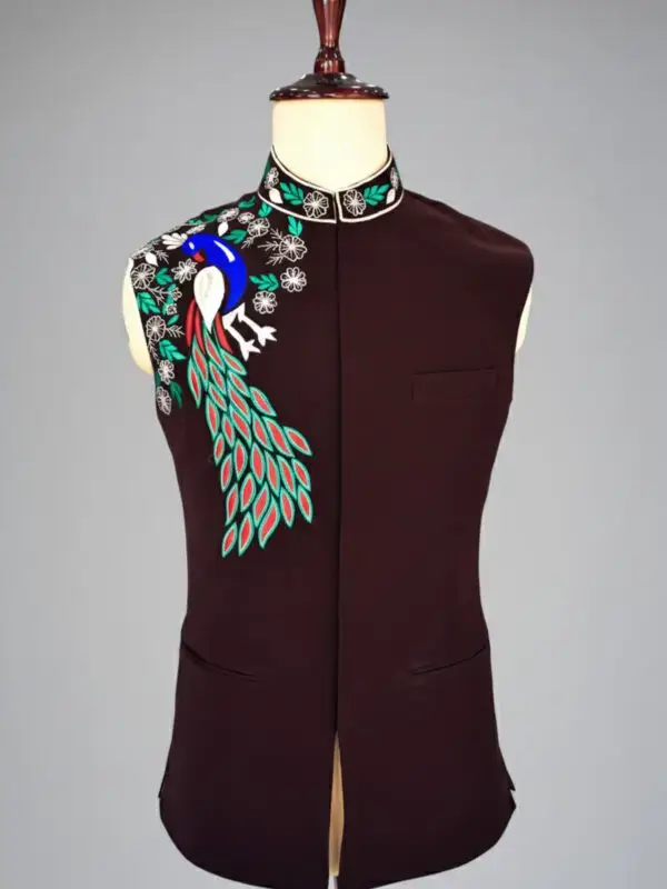 Men's Luxurious Brown Nehru Jacket | Embroidered Peacock Design | Ethnic Waistcoat