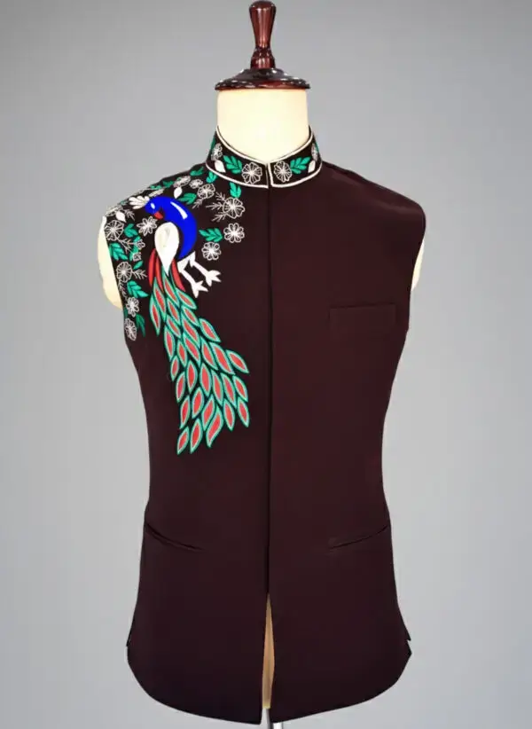 Men's Luxurious Brown Nehru Jacket | Embroidered Peacock Design | Ethnic Waistcoat