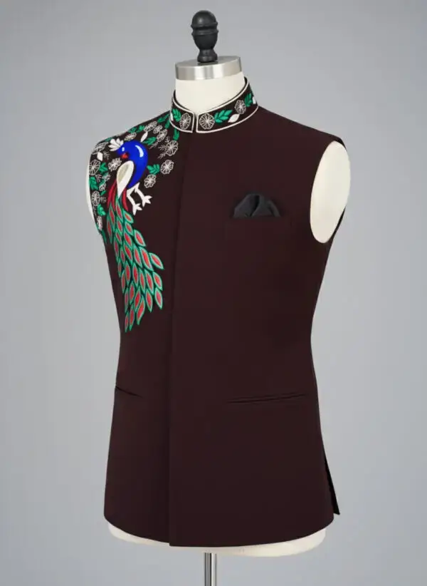 Men's Luxurious Brown Nehru Jacket | Embroidered Peacock Design | Ethnic Waistcoat