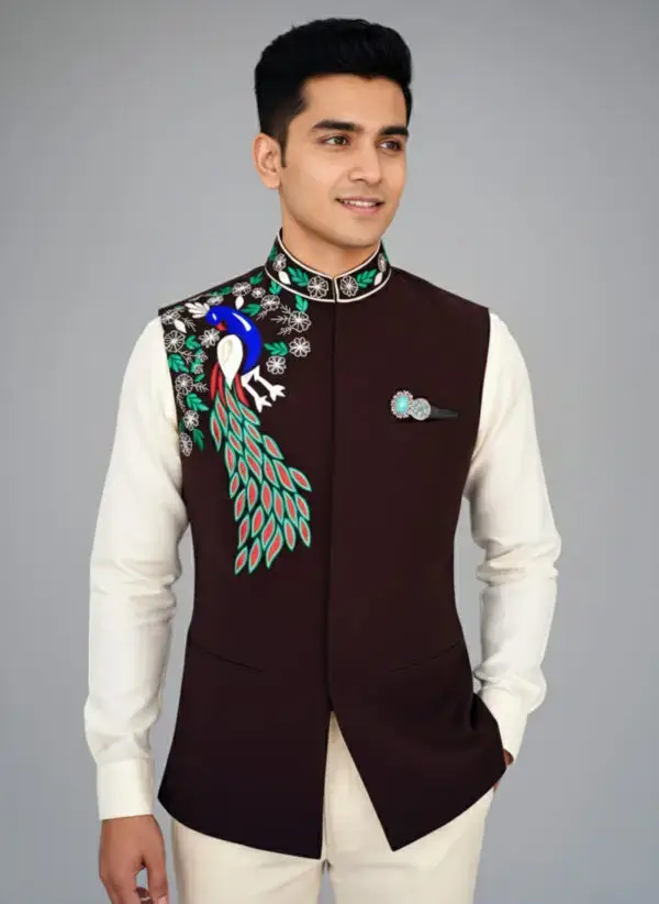 Men's Luxurious Brown Nehru Jacket | Embroidered Peacock Design | Ethnic Waistcoat
