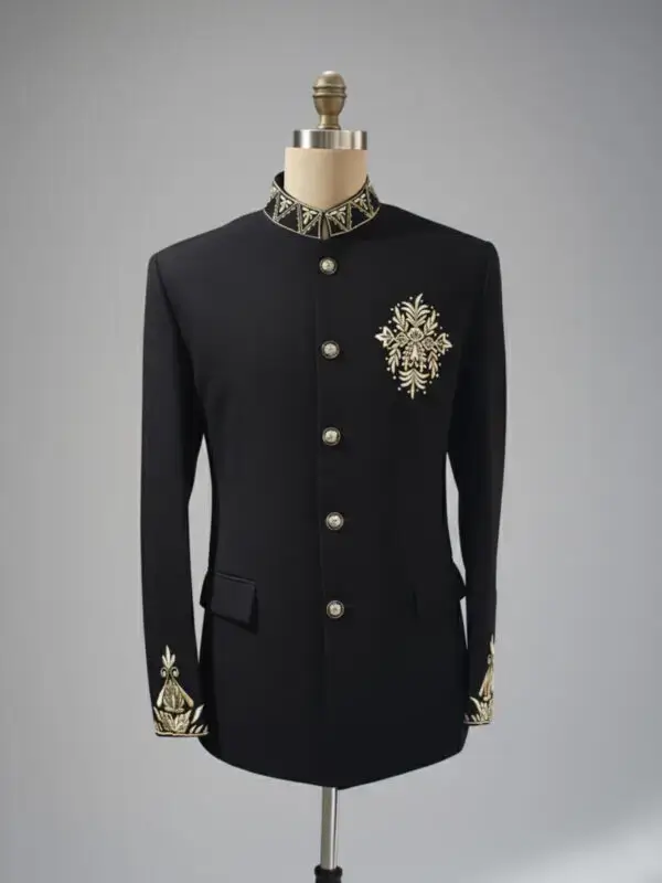 Men's Black Embroidered Bandhgala Suit Set