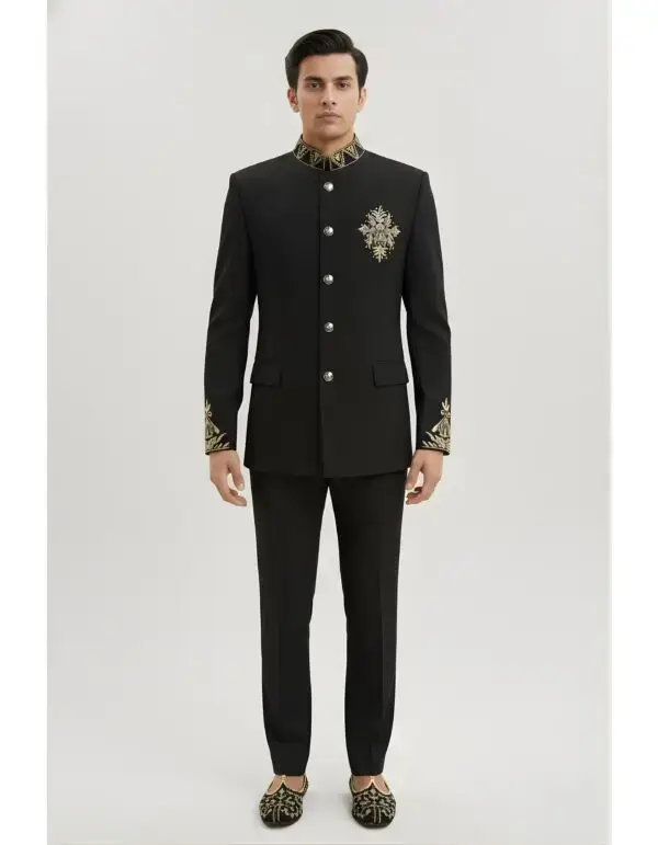 Untitled desig7n Men's Black Embroidered Bandhgala Suit Set