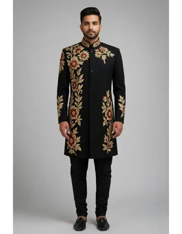 fsa Maharaja Black Bandhgala with Vine Embroidery