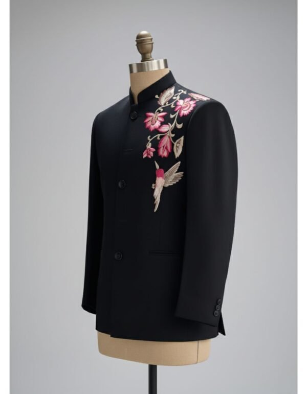 kojk Black Floral and Bird Embroidered Bandhgala