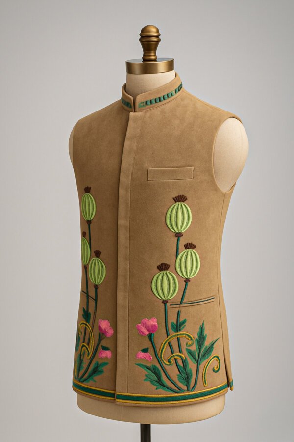 Premium Hand-Embroidered Suede Nehru Jacket for Men | Designer Modi Jacket | Akal Designer