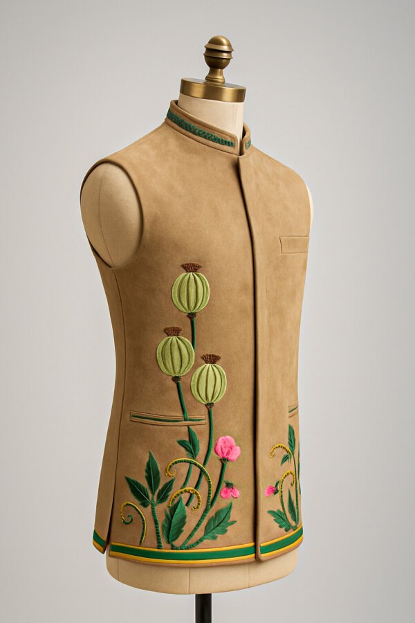 Premium Hand-Embroidered Suede Nehru Jacket for Men | Designer Modi Jacket | Akal Designer