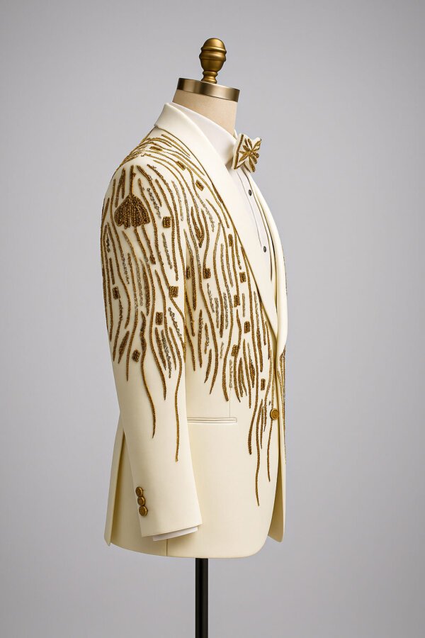 Premium Cream & Gold Embroidered Designer Suit for Men | Luxury Wedding Tuxedo | Akal Designer