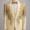 Premium Cream & Gold Embroidered Designer Suit for Men | Luxury Wedding Tuxedo | Akal Designer