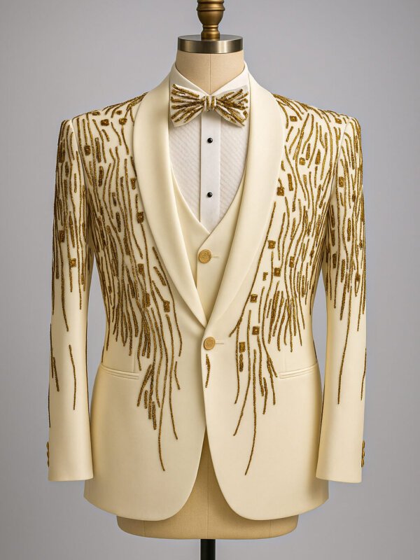 Premium Cream & Gold Embroidered Designer Suit for Men | Luxury Wedding Tuxedo | Akal Designer