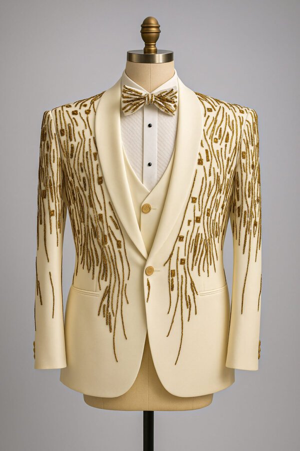 Premium Cream & Gold Embroidered Designer Suit for Men | Luxury Wedding Tuxedo | Akal Designer
