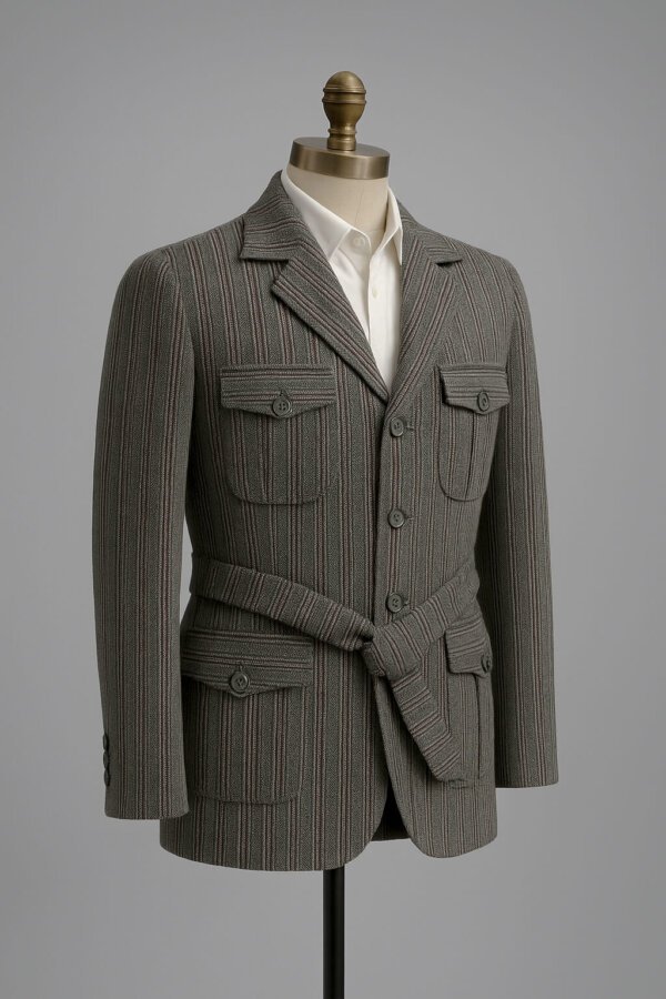 Premium Grey Pinstripe Belted Blazer for Men – Formal Party Wear Coat | Designer Men’s Fashion Jacket India