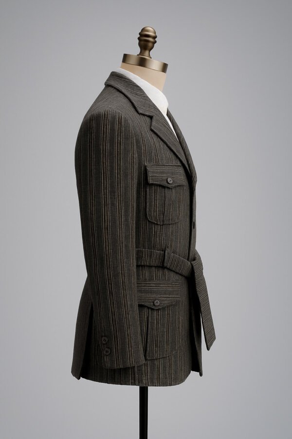 Premium Grey Pinstripe Belted Blazer for Men – Formal Party Wear Coat | Designer Men’s Fashion Jacket India