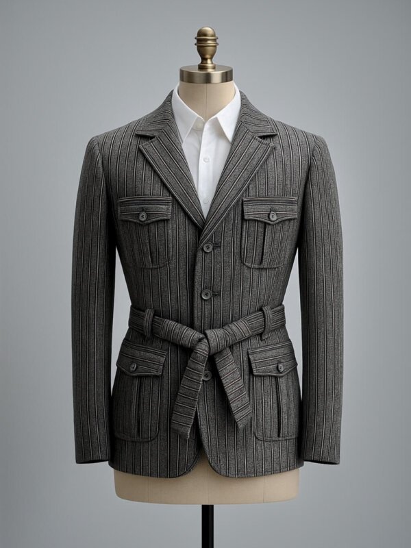 Premium Grey Pinstripe Belted Blazer for Men – Formal Party Wear Coat | Designer Men’s Fashion Jacket India