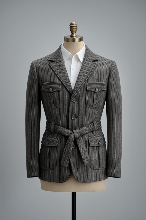 Premium Grey Pinstripe Belted Blazer for Men – Formal Party Wear Coat | Designer Men’s Fashion Jacket India