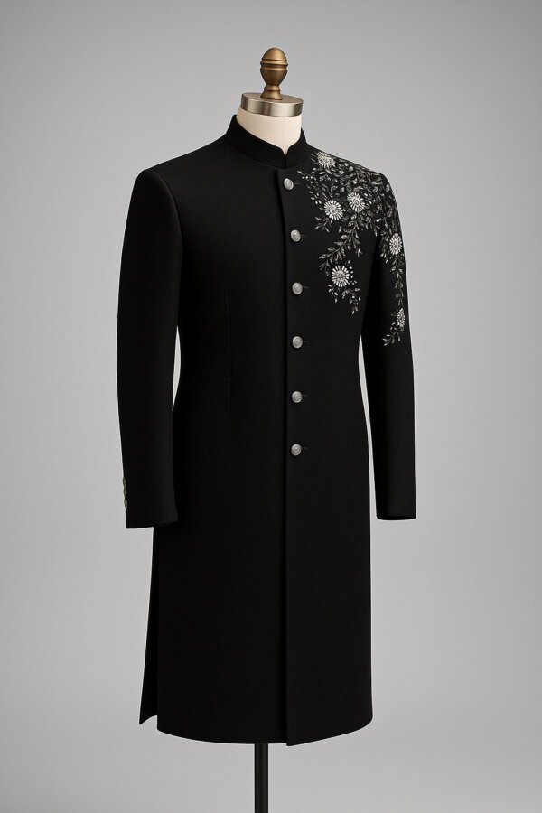 Black Embroidered Indo Western Sherwani for Men | Premium Groom Ethnic Wear | AkalDesigner