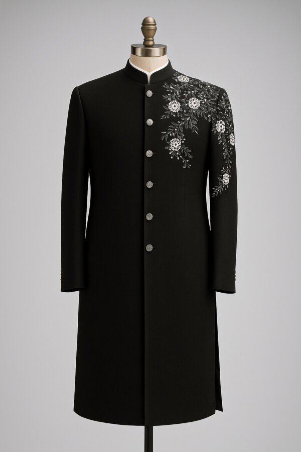 Black Embroidered Indo Western Sherwani for Men | Premium Groom Ethnic Wear | AkalDesigner