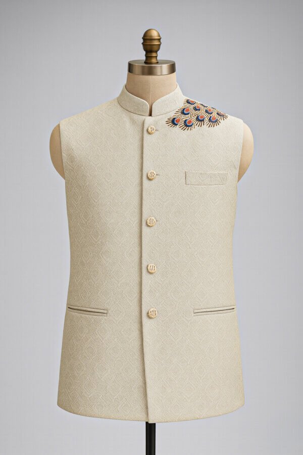 akaldesigner-46 Premium Cream Modi Jacket with Peacock Embroidery | Designer Ethnic Nehru Jacket for Men | Akal Designer