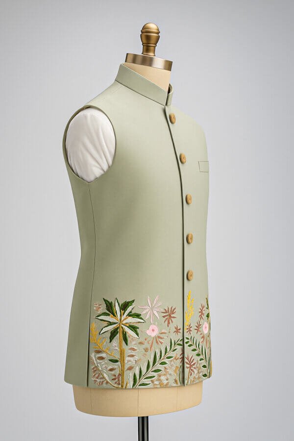 Sage Green Embroidered Nehru Jacket for Men – Premium Festive Modi Jacket | Floral Handwork Indian Ethnic Waistcoat