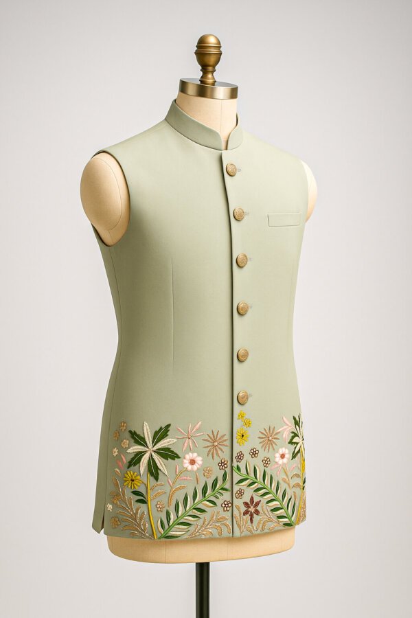 Sage Green Embroidered Nehru Jacket for Men – Premium Festive Modi Jacket | Floral Handwork Indian Ethnic Waistcoat