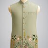 Sage Green Embroidered Nehru Jacket for Men – Premium Festive Modi Jacket | Floral Handwork Indian Ethnic Waistcoat