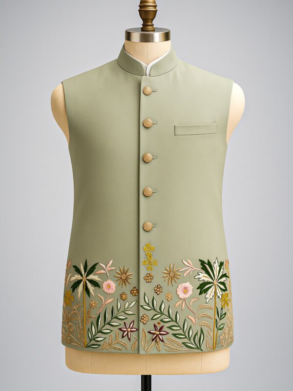 Sage Green Embroidered Nehru Jacket for Men – Premium Festive Modi Jacket | Floral Handwork Indian Ethnic Waistcoat