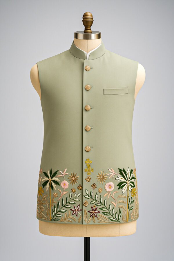 Sage Green Embroidered Nehru Jacket for Men – Premium Festive Modi Jacket | Floral Handwork Indian Ethnic Waistcoat
