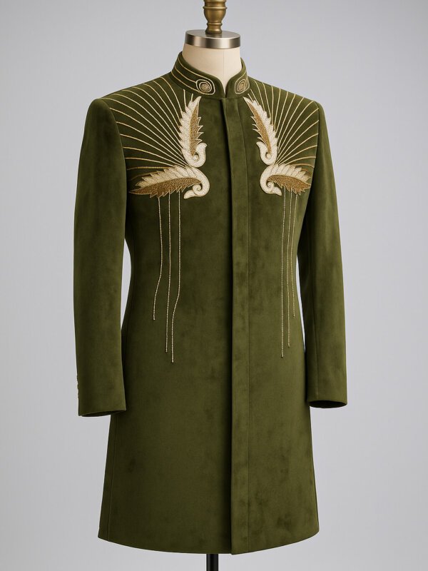 Olive Green Designer Achkan for Men with Golden Embroidery | Premium Groom Wedding Sherwani | Akal Designer