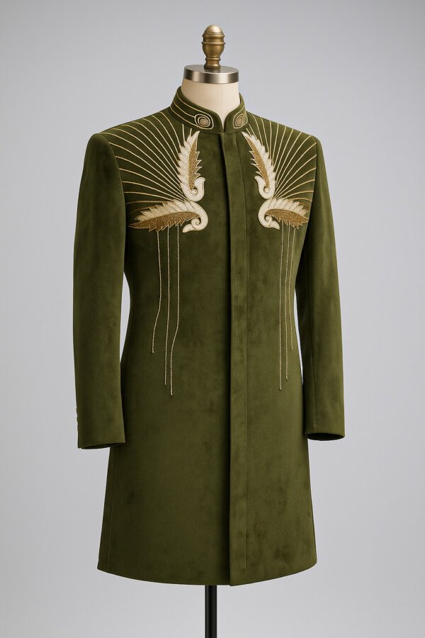 Olive Green Designer Achkan for Men with Golden Embroidery | Premium Groom Wedding Sherwani | Akal Designer