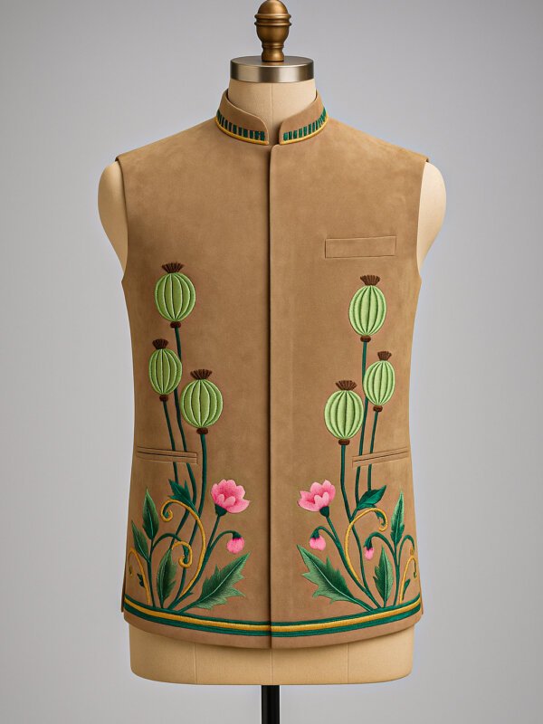 Premium Hand-Embroidered Suede Nehru Jacket for Men | Designer Modi Jacket | Akal Designer