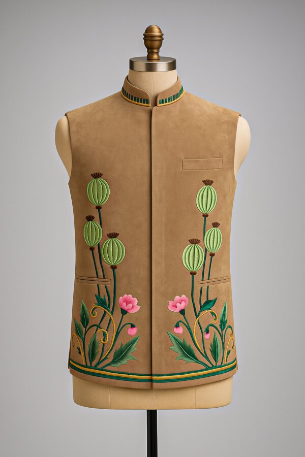 Premium Hand-Embroidered Suede Nehru Jacket for Men | Designer Modi Jacket | Akal Designer