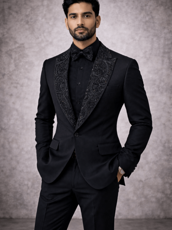 Black Embroidered Tuxedo Suit – Slim Fit Formal Wedding Blazer