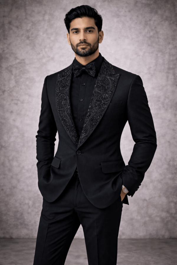 Black Embroidered Tuxedo Suit – Slim Fit Formal Wedding Blazer