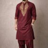Maroon Embroidered Kurta Men's Festive Indian Wedding Attire Gold Thread Neckline Detail