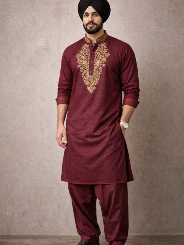 Maroon Embroidered Kurta Men's Festive Indian Wedding Attire Gold Thread Neckline Detail