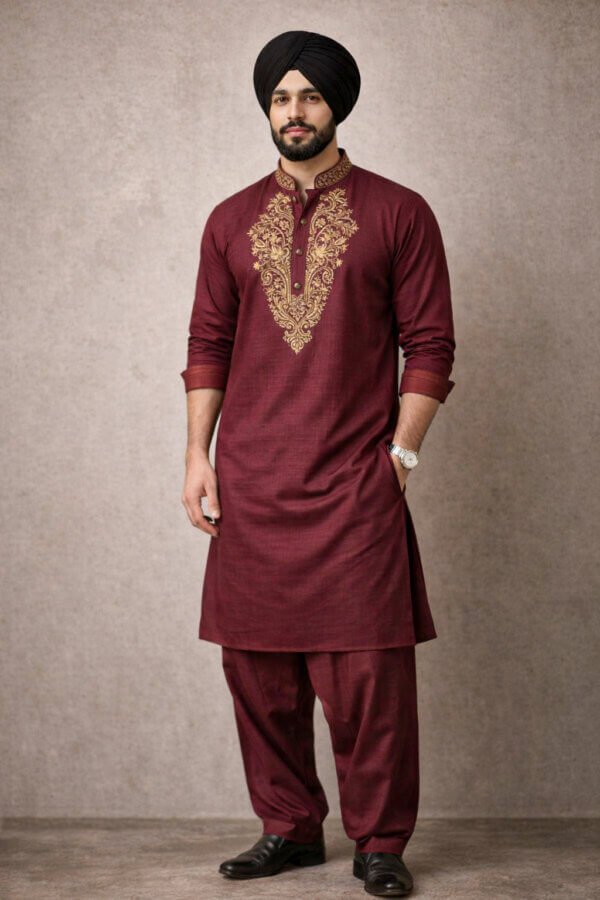 Maroon Embroidered Kurta Men's Festive Indian Wedding Attire Gold Thread Neckline Detail