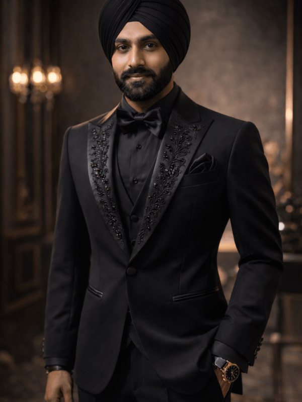 Luxury Black Embroidered Tuxedo for Men – Designer Indo Western Suit – Custom Made