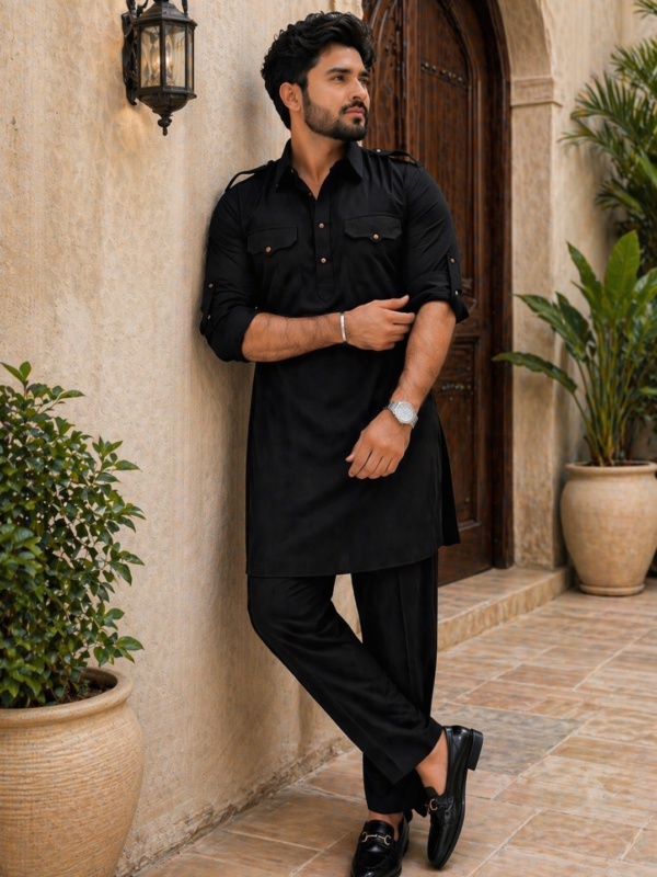 Black Pathani Kurta Pyjama for Men | Short Kurta with Straight Pyjama |  Wedding Party Wear | Mens Traditional Indian Ethnic Outfit