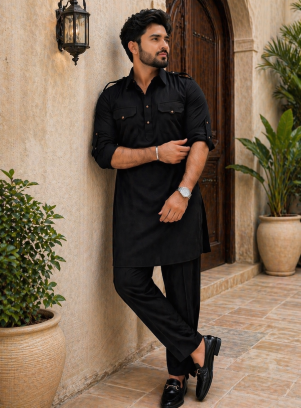 Black Pathani Kurta Pyjama for Men | Short Kurta with Straight Pyjama |  Wedding Party Wear | Mens Traditional Indian Ethnic Outfit