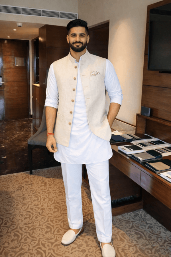 Beige Linen Nehru Jacket, Men's Modi Waistcoat, Indian Wedding Ethnic Vest
