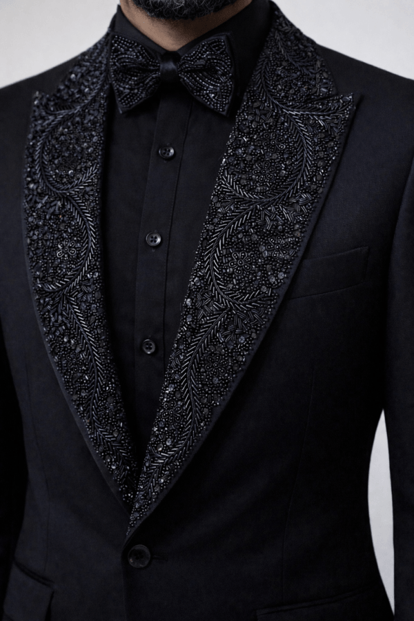 Black Embroidered Tuxedo Suit – Slim Fit Formal Wedding Blazer
