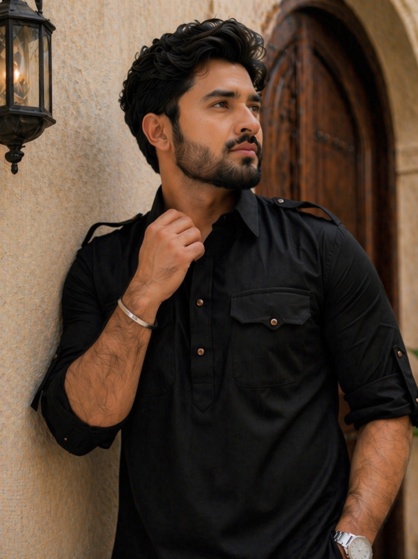 Black Pathani Kurta Pyjama for Men | Short Kurta with Straight Pyjama |  Wedding Party Wear | Mens Traditional Indian Ethnic Outfit