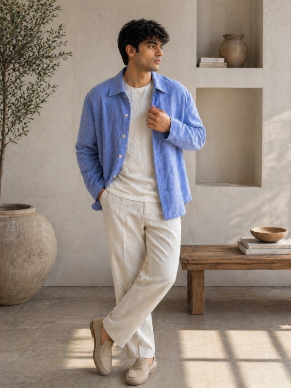Men’s Light Blue Linen Shirt, Minimal Summer Outfit for Men, Casual Overshirt, Breathable Linen Clothing, Relaxed Fit Shirt, Resort Wear